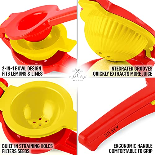 Zulay Metal 2-In-1 Lemon Lime Squeezer - Hand Juicer Lemon Squeezer - Max Extraction Manual Citrus Juicer (Bright Red and Yellow)