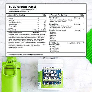 BIOHM Clean Energy Greens and Super Greens Superfood Powder Bundle - All Natural Energy Made with Probiotics, Digestive Enzymes, and 20 Organic Green Whole Foods (with Wheatgrass) - Non-GMO