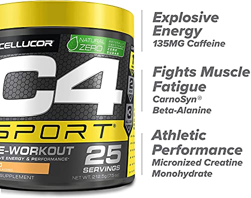 C4 Sport Pre Workout Powder Mango - Naturally Sweetened + Sugar Free Preworkout Energy Supplement for Men & Women - 135mg Caffeine + Creatine - 25 Servings