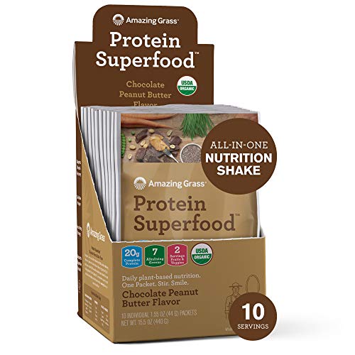 Amazing Grass Protein Superfood: Vegan Protein Powder, All-in-One Nutrition Shake, with Beet Root Powder, Peanut Butter, 10 Single Serve Packets