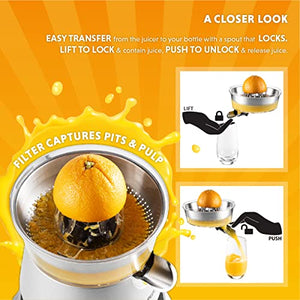 Eurolux ELCJ-1600 Electric Citrus Juicer - Powerful Electric Oranges Juicer and for Lemons with New and Improved Juicing Technology - Stainless Steel Orange Juicer with Soft Grip Handle and Cone Lid