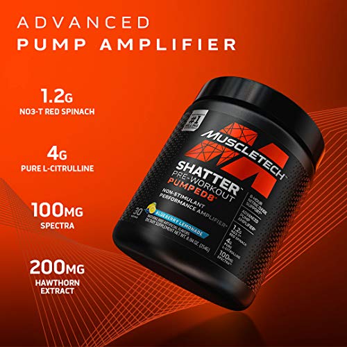 Stim Free Pre Workout | MuscleTech Shatter Pumped 8 | Non Stimulant Pre Workout for Men & Women | 8 Hour Nitric Oxide Booster | Stimulant Free Muscle Pump Amplifier | Blueberry Lemonade, 30 Servings