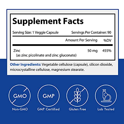 Vitamistic Zinc 50 mg, with Chelated Zinc Picolinate and Gluconate for Immune, Antioxidant, Skin Health & Growth and Development Support, Superior Absorption, Non-GMO, No Gluten, 90 Vegan Capsules