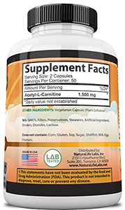 Acetyl L-Carnitine 1,500 mg High Potency Supports Natural Energy Production, Supports Memory/Focus - 100 Veggie Capsules