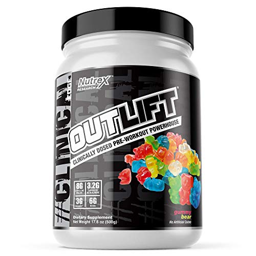 Nutrex Research Outlift Clinically Dosed Pre Workout Powder | Energy, Pumps, Citrulline, BCAA, Creatine, Beta-Alanine Preworkout Supplement for Men and Women | Gummy Bear 20 Serving