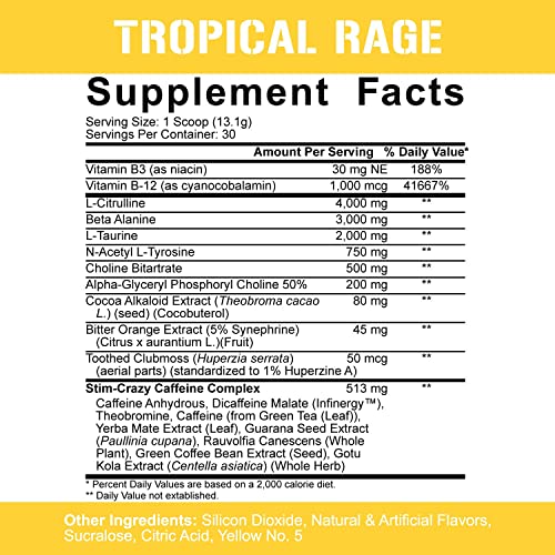 Rich Piana 5% Nutrition 5150 High Stim Pre-Workout Powder | Extreme Energy, Focus, Pumps & Endurance | 400 mg Caffeine, Citrulline, Beta Alanine, Tyrosine | 14.07 oz, 30 Srvgs (Tropical Rage)