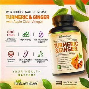Turmeric Curcumin Supplement with Ginger & Apple Cider Vinegar, BioPerine Black Pepper, Tumeric & Ginger, 95% Curcuminoids & Joint Supplement, Antioxidant Tumeric Supplements Capsules, Nature's Base