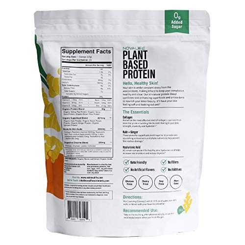 NovaLife Organic Skin Health Vanilla Plant Protein Powder, 1.65 Pounds, 20 Servings, 24g Protein, Collagen, Low Carb, Keto Friendly, Soy Free, Dairy Free, Non-GMO, Gluten Free, No Sugar Added