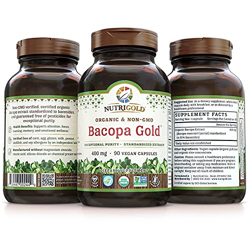 Bacopa Gold - 90 Plantcaps, Memory Enhancement Supplement with Organic Bacopa Monnieri Extract Powder