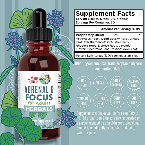 Adults Focus Support Supplement by MaryRuth's, Natural Brain Support Vitamin, Adrenal Complex with Astragalus Root, Gingko Leaf & Wood Betony Herb, 1 Month Supply, 1 Fl Oz