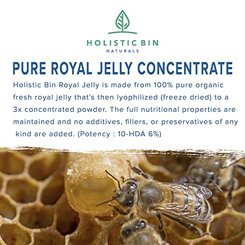 Royal Jelly Powder by Holistic Bin - 3X Concentration (25 Servings) Naturally Sourced from USA | Rich in Proteins (Collagen), Amino Acids, Probiotics, Natural Superfood
