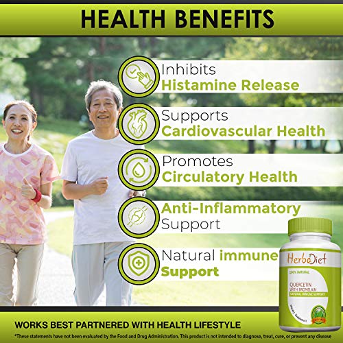 Quercetin with Bromelain 500mg | Immune System Support Heart Health Anti-oxidant Joint Support Supplement | Non-GMO, Vegan, Gluten Free Capsules (2 Capsules)