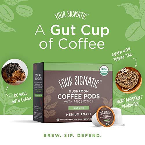 Four Sigmatic Mushroom Coffee K-Cups with Probiotics, Organic and Fair Trade Coffee, Organic and Fair Trade with Turkey Tail, Chaga, prebiotics, CFU shelf-stable, heat resistant probiotics, 24 Count