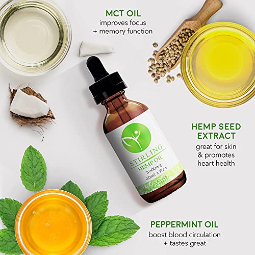 Hemp Oil for Stress and Plain - Organic, USA Hemp w/ MCT - Great Mint Flavor - It’s The Real Deal - 3000mg 1oz Bottle - Stirling