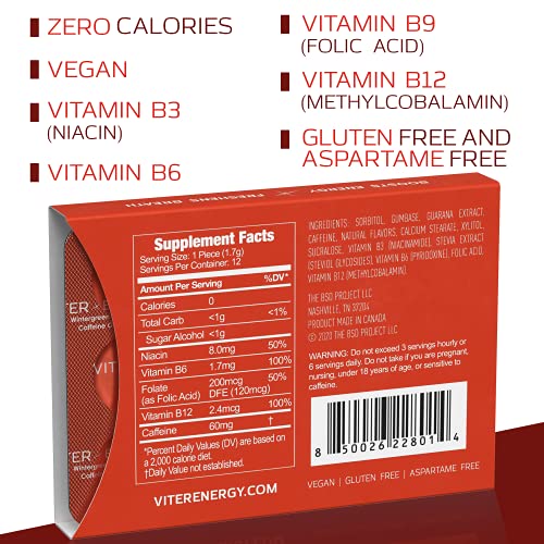 Viter Energy Caffeinated Gum - 60mg Caffeine, B Vitamins, Guarana, Sugar Free Vegan Chewing Gum. Zero Calories. Performance Nootropic Chews for Powerful Energizing Focused Boost (Cinnamon, 6 Pack)