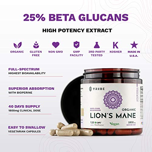 100% Pure Lions Mane Organic Mushroom Extract (Fruiting Body) + Bioperine (Absorption Enhancer) - 120 Vegan Capsules, 1800mg - Brain Booster. Mental Clarity. Stress and Anxiety Relief. Immune Support