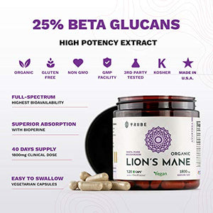 100% Pure Lions Mane Organic Mushroom Extract (Fruiting Body) + Bioperine (Absorption Enhancer) - 120 Vegan Capsules, 1800mg - Brain Booster. Mental Clarity. Stress and Anxiety Relief. Immune Support