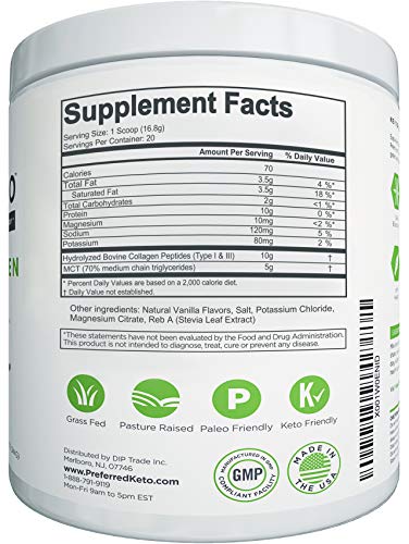 Keto Collagen Protein Powder with MCT Oil – Keto and Paleo Friendly Grass Fed and Pasture Raised Hydrolyzed Collagen Peptides – Fits Low Carb Diet and Keto Snacks – Keyto Vanilla Flavor