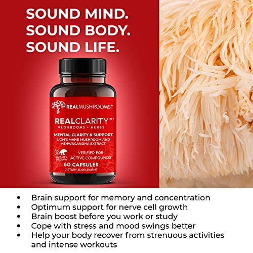 Real Mushrooms RealClarity Brain Supplement Mushroom Powder Capsules - Mushroom Supplement for Mental Clarity, Focus, Cognition, Daily Immune Support - Organic Lions Mane Capsules w Ashwagandha, 60ct