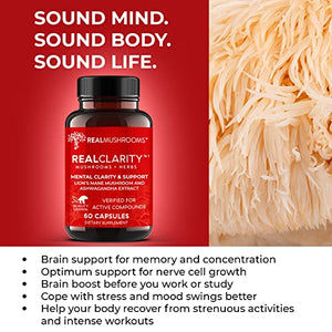 Real Mushrooms RealClarity Brain Supplement Mushroom Powder Capsules - Mushroom Supplement for Mental Clarity, Focus, Cognition, Daily Immune Support - Organic Lions Mane Capsules w Ashwagandha, 60ct