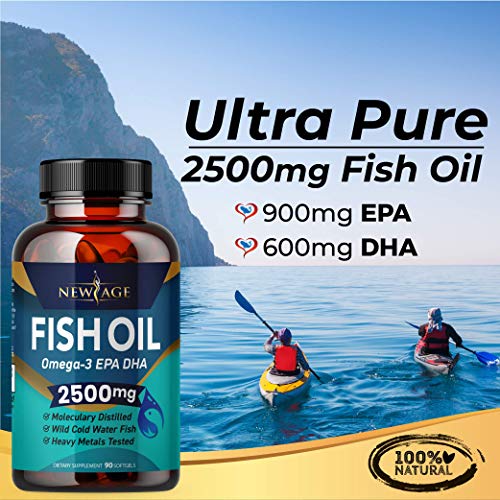 Omega 3 Fish Oil 2500mg Supplement by New Age - 2 Pack – Immune & Heart Support – Promotes Joint, Eye, Brain & Skin Health - Non GMO 180 Softgels - EPA, DHA Fatty Acids Gluten Free