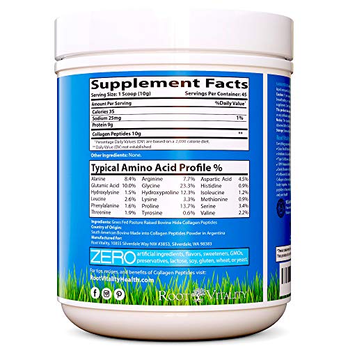 Root Vitality Collagen Peptides, Collagen Powder, Grass Fed, Premium Quality Collagen Protein, Pasture Raised, Easily Dissolves, Keto & Paleo Friendly, Non-GMO, 16 Ounces
