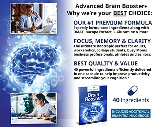 Advanced Brain Booster Supplements - 40 Ingredients Memory Focus & Clarity Vitamins Plus eBook - Boost Energy, Elevate Brain Function Nootropic Power Support with DMAE - 60 Brain Health Formula Pills