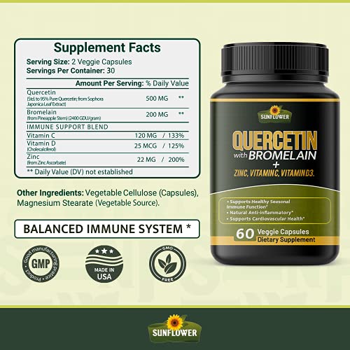 Quercetin with Vitamin C and Zinc - Quercetin with Bromelain - Quercetin 500mg - Zinc Quercetin - 60 Veggie Caps - Quercetin Supplements + Vitamin D3 - (Non-GMO, Gluten-Free, Vegan)