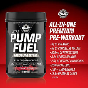 PMD Sports Ultra Pump Fuel - Pre Workout Drink Mix - Energy, Strength, Endurance, Muscle Pumps and Recovery - Complex Carbohydrates and Amino Energy - Island Punch (30 Servings)