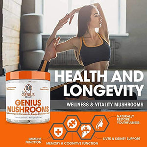 Genius Mushroom – Lions Mane, Cordyceps and Reishi – Immune System Booster & Nootropic Brain Supplement – Wellness Formula for Natural Energy, Stress Relief, Memory & Liver Support, 90 Veggie Pills