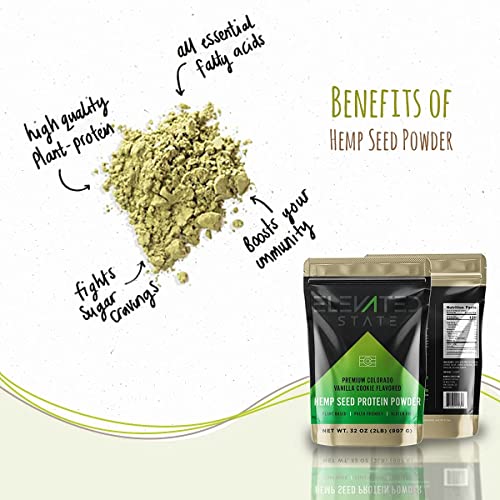 Elevated State Hemp Protein Powder - 32 Fl. Oz. Plant Based Fiber Protein Powder with Amino Acids and Antioxidants - Vanilla Cookie Flavor - Paleo, Keto, and Vegan-Friendly - Locally Sourced in USA