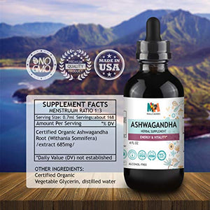 Ashwagandha Tincture - Organic Withania Somnifera Liquid Extract Promoting Stress Relief, Brain & Heart Function - Alcohol-Free Herbal Drops for Energy - Vegan, Non-GMO - 4 fl. Oz Bottle (4 FL OZ)