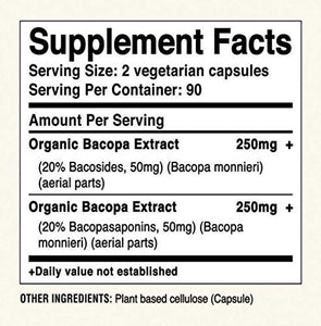 Avira Organic Bacopa Dual Strength, Full Spectrum With Saponins, Bacosides, Cognition, Brain Wellness Support, Helps Positive Mood, Focus And Memory, Max Strength-500mg Per Day Intake, Non GMO