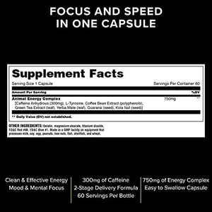 Animal Energy - Powerful 2 Stage Energy Delivery System - 300mg Caffeine per Capsule - Quick and Sustained Energy - Mood and Mental Focus Support - 60 Capsules, Black & White (3287)