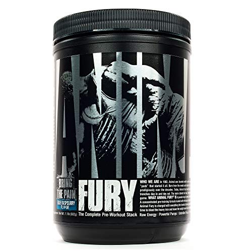 Animal Fury - Pre Workout Powder Supplement for Energy and Focus - 5g BCAA, 350mg Caffeine, Nitric Oxide, Without Creatine - Powerful Stimulant for Bodybuilders - Blue Raspberry - 30 Servings