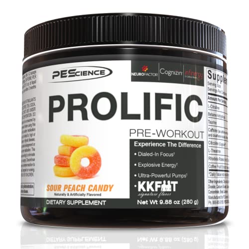 PEScience Prolific Pre Workout Powder, Sour Peach Candy, 40 Scoop, Energy Supplement with Nitric Oxide, KK Fit Signature Flavor