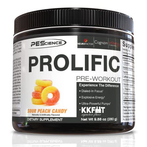 PEScience Prolific Pre Workout Powder, Sour Peach Candy, 40 Scoop, Energy Supplement with Nitric Oxide, KK Fit Signature Flavor