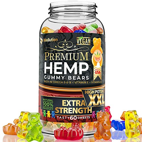 Wellution Hemp Gummies Extra Strength XXL High Potency Vegan - Fruity Gummy Bear with Hemp Oil. Natural Hemp Candy Supplements for Stress & Inflammation. Promotes Sleep & Calm Mood.