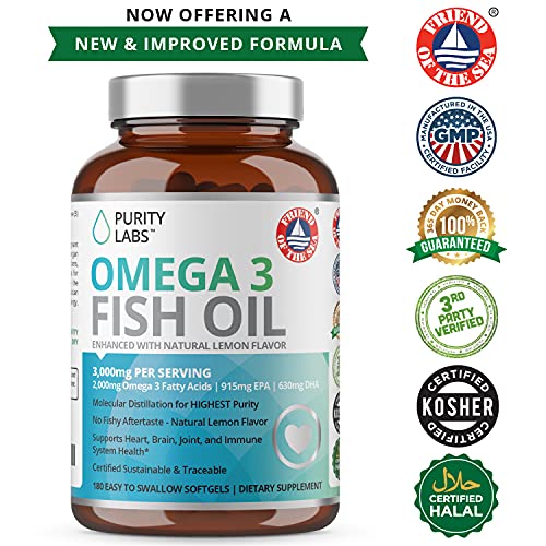 Triple Strength Omega 3 Fish Oil Supplement 3,000MG. Highest Quality and Potency Available - 180 Softgels - Rich in EPA 915mg + DHA 630mg - Burpless Non-GMO NSF-Certified, Heart & Brain Support