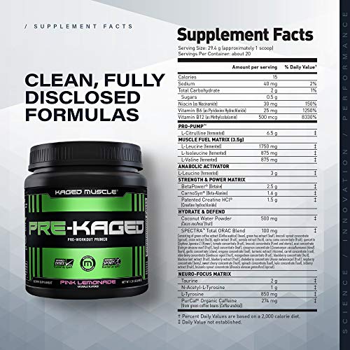 Pre Workout Powder; KAGED MUSCLE Preworkout for Men & Pre Workout Women, Delivers Intense Workout Energy, Focus & Pumps; One of the Highest Rated Pre-Workout Supplements, Pink Lemonade, Natural Flavor