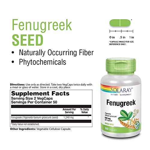 Solaray Fenugreek Seed 1240 mg | Healthy Digestion & Stomach Comfort, Blood Sugar & Lactation Support | 180ct, 90 Serv.