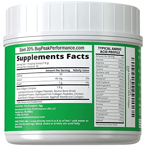 All 5 Multi-Collagen Protein Powder Peptides by Peak Performance. Multi-Collagen Contains All Types I, II, III,V, X. Keto, Paleo Friendly with Hydrolyzed Bovine, Marine, Chicken, Bone Broth Collagens