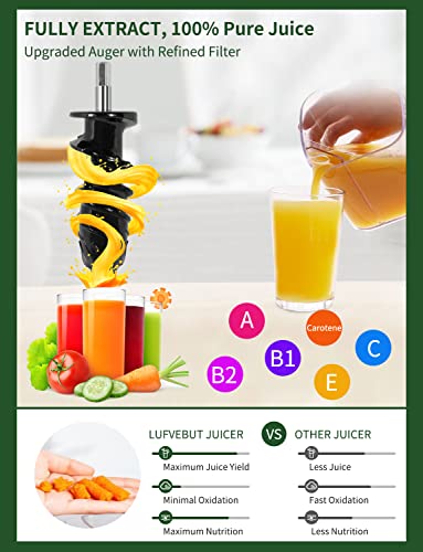 Slow Juicer Machines Cold Pressed Masticating Auger Juicer Extractor Separates Pulp for Hard Soft Vegetables and Fruits, BPA Free, Dishwasher Safe, Easy to Clean, Quiet Motor, Large Capacity with Cup