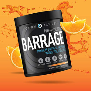 Core Active Barrage Pre Workout - Pre-Workout for Men and Women with Creatine, Beta-Alanine, Agmatine Sulfate, and Caffeine - Pump Up Your Workout with Intense Energy and Focus - Orange (30 Servings)