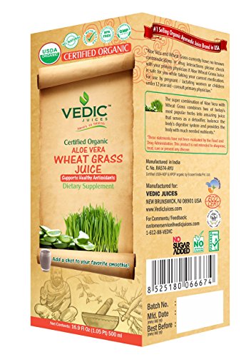 Wheat Grass in Aloe Vera 500 Milliliter USDA Certified Organic Juice by Vedic Juices