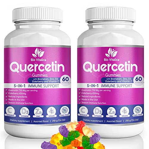 Quercetin Gummies by BioVitalica - Quercetin with Bromelain Vitamin C and Zinc & Elderberry + Vitamin D3 - 5 in 1 Immune Support - Zinc Quercetin 750 mg for Kids and Adults (2)