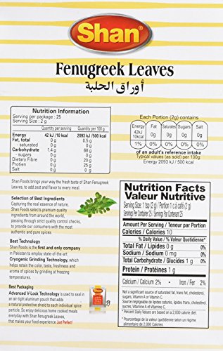 Shan Fenugreek Leaves 1.7 oz (50g) - No Preservative No Artificial Food Color - Authentic and Fresh Fenugreek Leaves - Halal and Suitable for Vegetarians - Airtight Aluminum Pouch