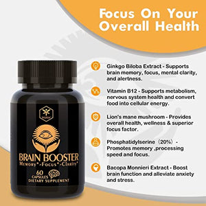 Brain Booster Supplement for Focus, Memory, Clarity, Energy | Vegan Nootropic Brain Support Supplement with Vitamin B12, DMAE, Bacopa Monnieri, Ginkgo Biloba, Iq Neuro Energy, 60 Capsules