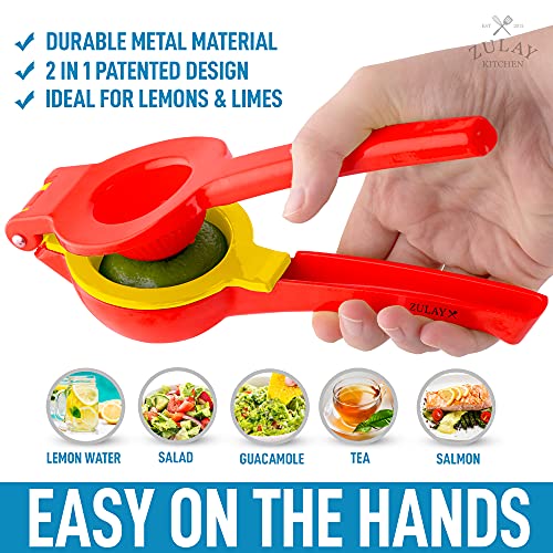 Zulay Metal 2-In-1 Lemon Lime Squeezer - Hand Juicer Lemon Squeezer - Max Extraction Manual Citrus Juicer (Bright Red and Yellow)