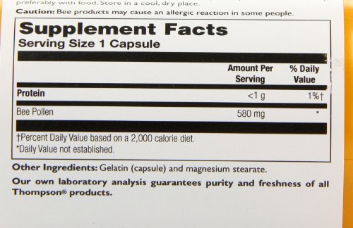 Thompson Bee Pollen , 580 Mg, 100 Capsules, (Pack of 2)